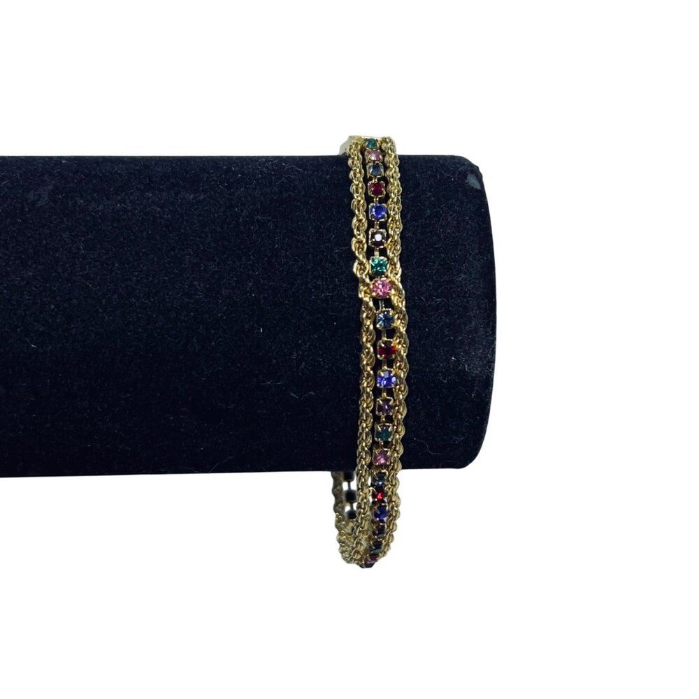 Gold Tone And Multicolored Rhinestones Triple Strand Tennis Bracelet (5720)